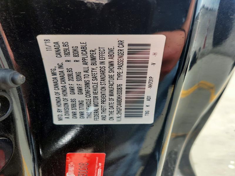 Aukcja sprzedaży 2019 Honda Civic, vin: 2HGFC4A80KH300876, numer aukcji: 50846626