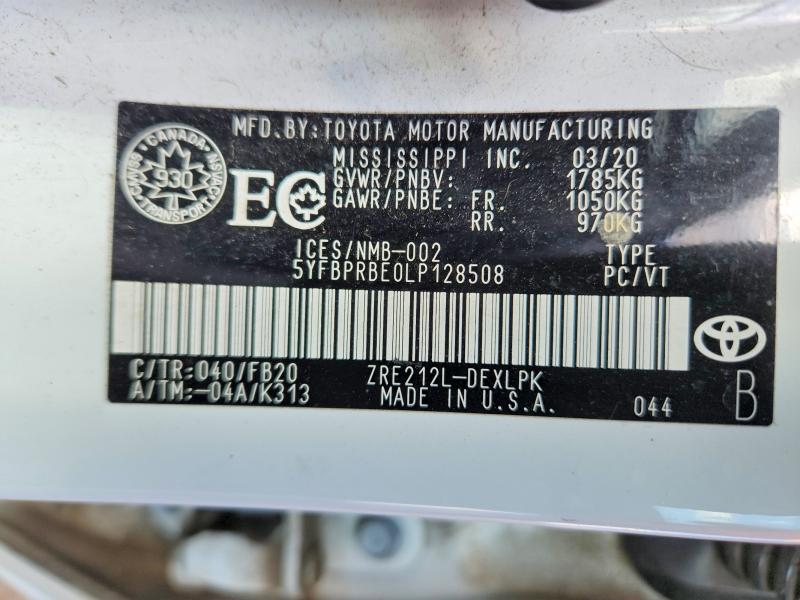 Aukcja sprzedaży 2020 Toyota Corolla Le 4dr, vin: 5YFBPRBE0LP128508, numer aukcji: 49107496