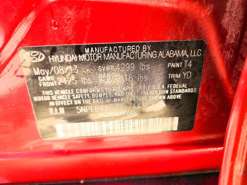 50239916 :رقم المزاد ، 5NPEB4AC3DH744362 vin ، 2013 Hyundai Sonata مزاد بيع