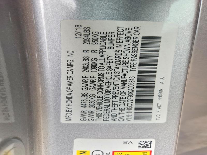 Aukcja sprzedaży 2019 Honda Accord, vin: 1HGCV2F93KA006843, numer aukcji: 51904846