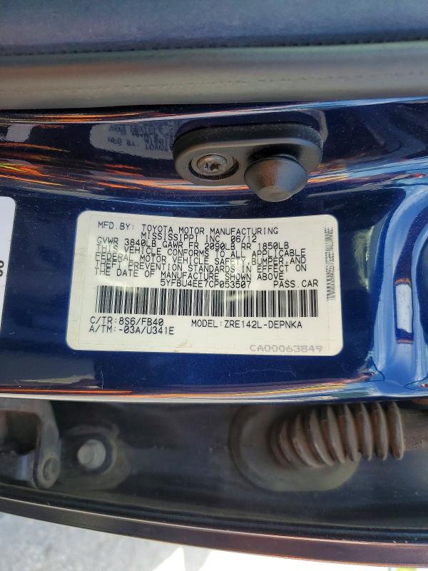Aukcja sprzedaży 2012 Toyota Corolla, vin: 5YFBU4EE7CP053507, numer aukcji: 51831746