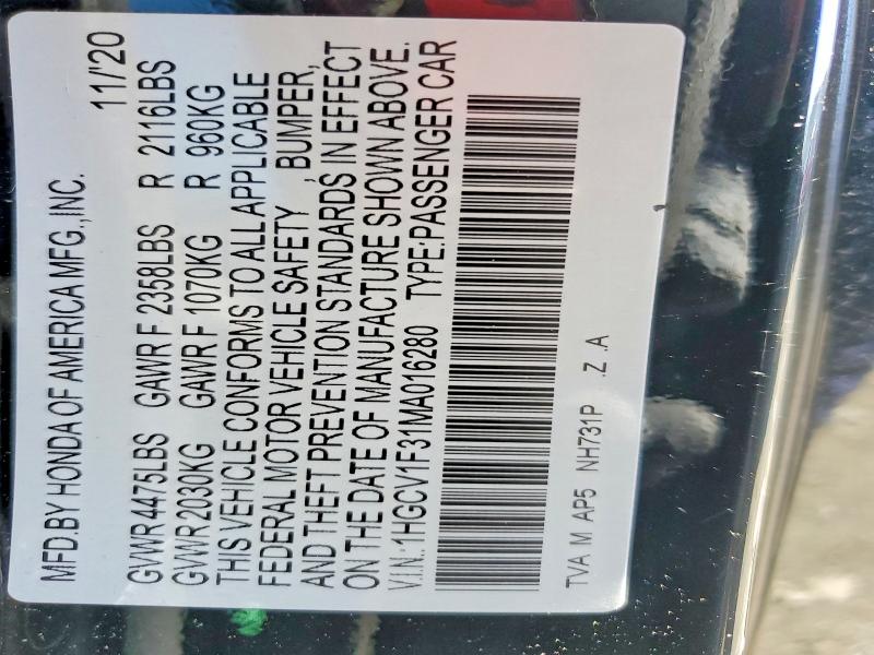 Продаж на аукціоні авто 2021 Honda Accord, vin: 1HGCV1F31MA016280, номер лоту: 48585956