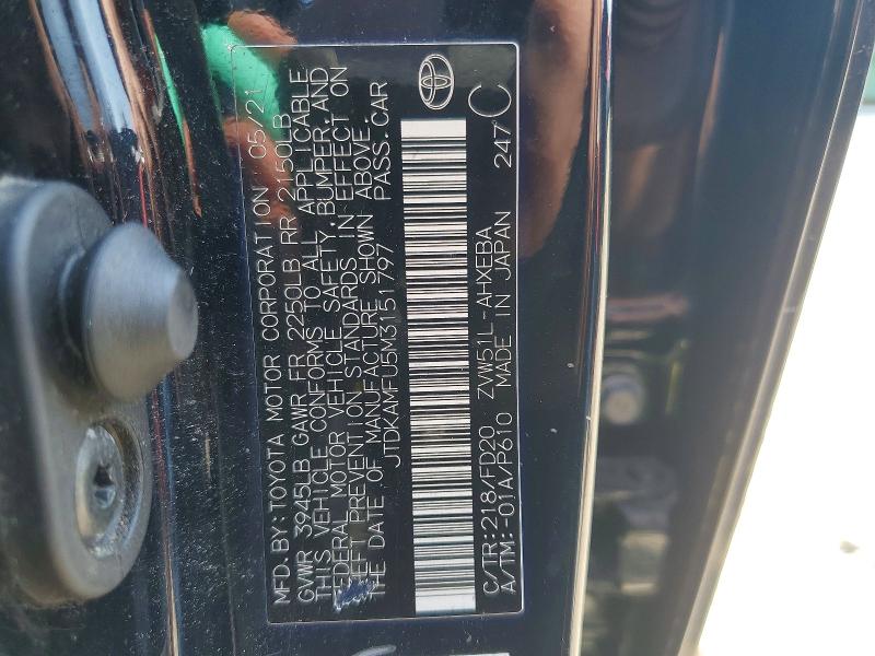 49309656 :رقم المزاد ، JTDKAMFU5M3151797 vin ، 2021 Toyota Prius مزاد بيع