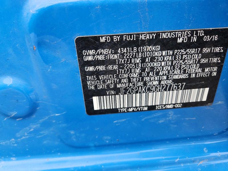 Aukcja sprzedaży 2016 Subaru Crosstrek, vin: JF2GPAKC9GH277637, numer aukcji: 51092226