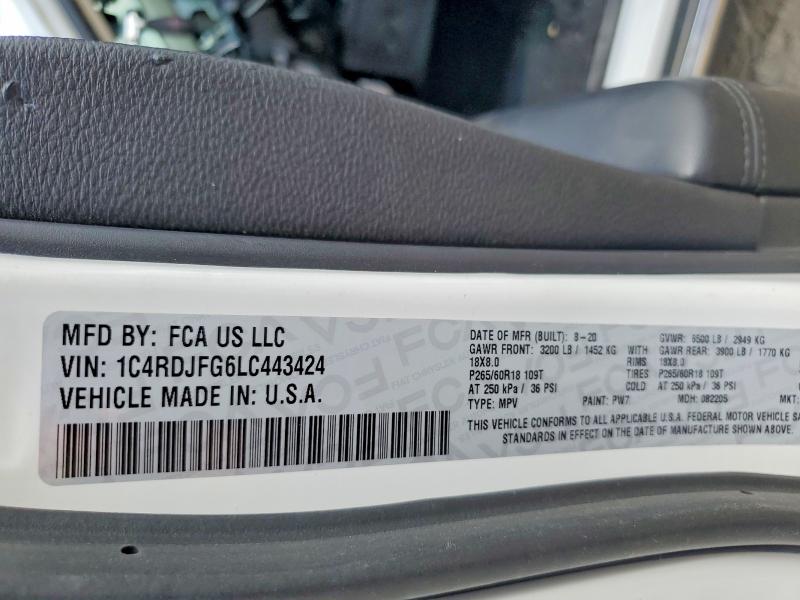 50467046 :رقم المزاد ، 1C4RDJFG6LC443424 vin ، 2020 Dodge Durango مزاد بيع