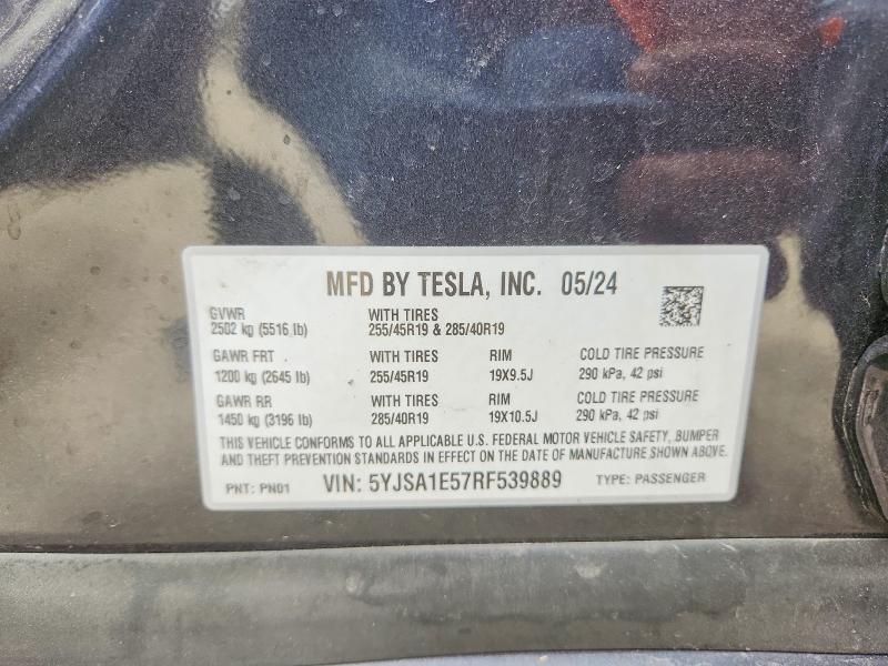 2024 Tesla Model S მანქანა იყიდება აუქციონზე, vin: 5YJSA1E57RF539889, აუქციონის ნომერი: 51325676