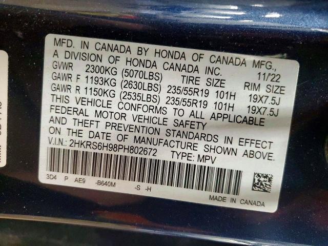 49599646 :رقم المزاد ، 2HKRS6H98PH802672 vin ، 2023 Honda Cr-v مزاد بيع