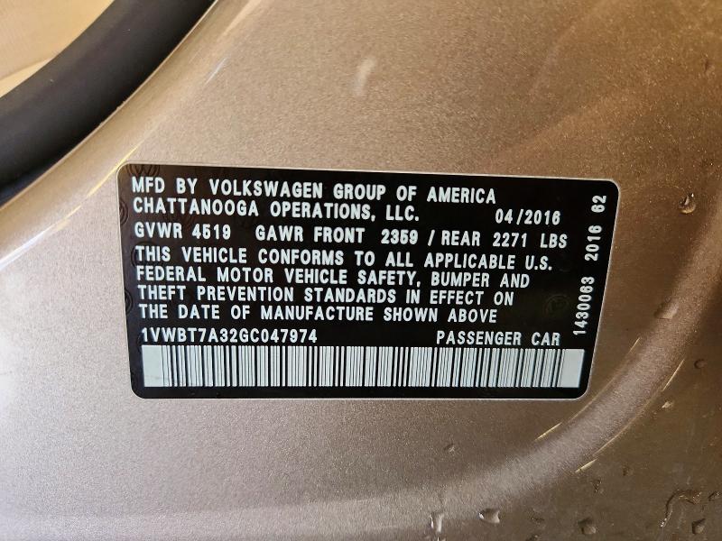 2016 Volkswagen Passat მანქანა იყიდება აუქციონზე, vin: 1VWBT7A32GC047974, აუქციონის ნომერი: 50050546