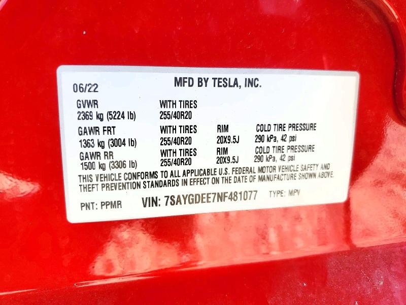 Продажа на аукционе авто 2022 Tesla Model Y, vin: 7SAYGDEE7NF481077, номер лота: 48808526