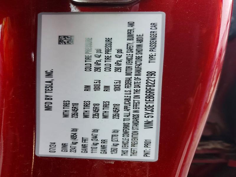 Aukcja sprzedaży 2024 Tesla Model 3, vin: 5YJ3E1EB6RF822198, numer aukcji: 48452006