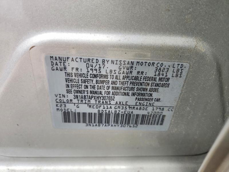 2017 Nissan Sentra მანქანა იყიდება აუქციონზე, vin: 3N1AB7APXHY307652, აუქციონის ნომერი: 50938376