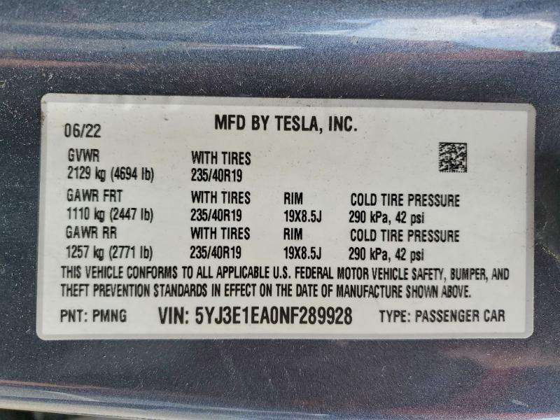 Продаж на аукціоні авто 2022 Tesla Model 3, vin: 5YJ3E1EA0NF289928, номер лоту: 50551286