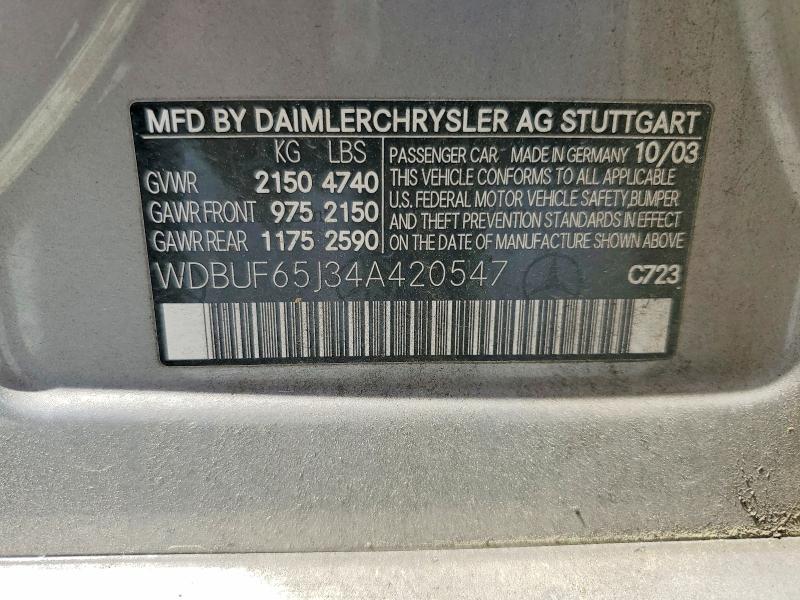 Продажа на аукционе авто 2004 Mercedes-benz E, vin: WDBUF65J34A420547, номер лота: 48443796