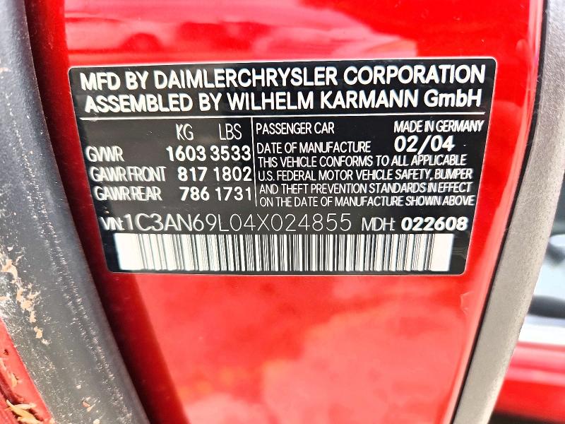 2004 Chrysler Crossfire მანქანა იყიდება აუქციონზე, vin: 1C3AN69L04X024855, აუქციონის ნომერი: 49743586