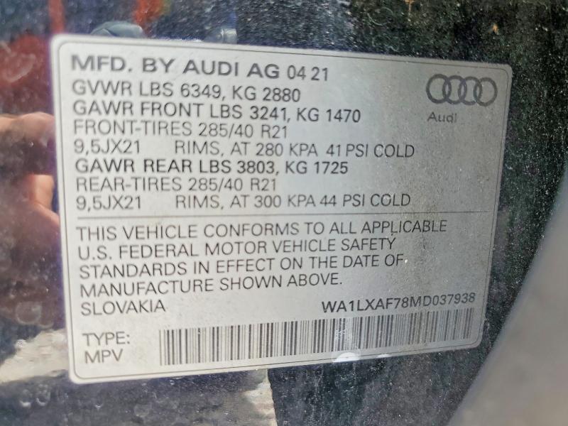 Продаж на аукціоні авто 2021 Audi Q7, vin: WA1LXAF78MD037938, номер лоту: 49380226