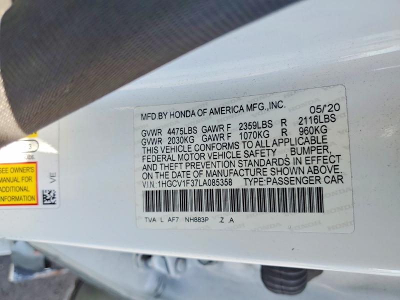 2020 Honda Accord მანქანა იყიდება აუქციონზე, vin: 1HGCV1F37LA085358, აუქციონის ნომერი: 49989216