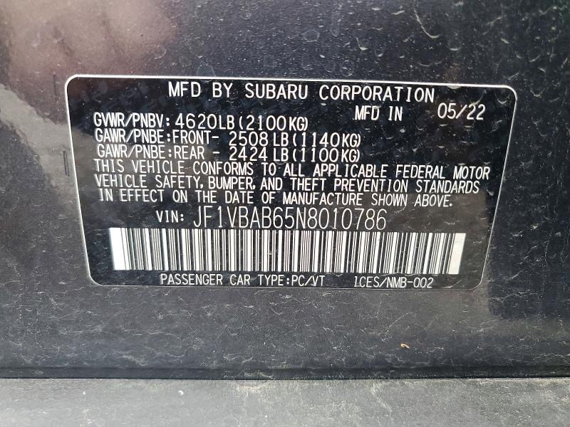Aukcja sprzedaży 2022 Subaru Wrx, vin: JF1VBAB65N8010786, numer aukcji: 50730636