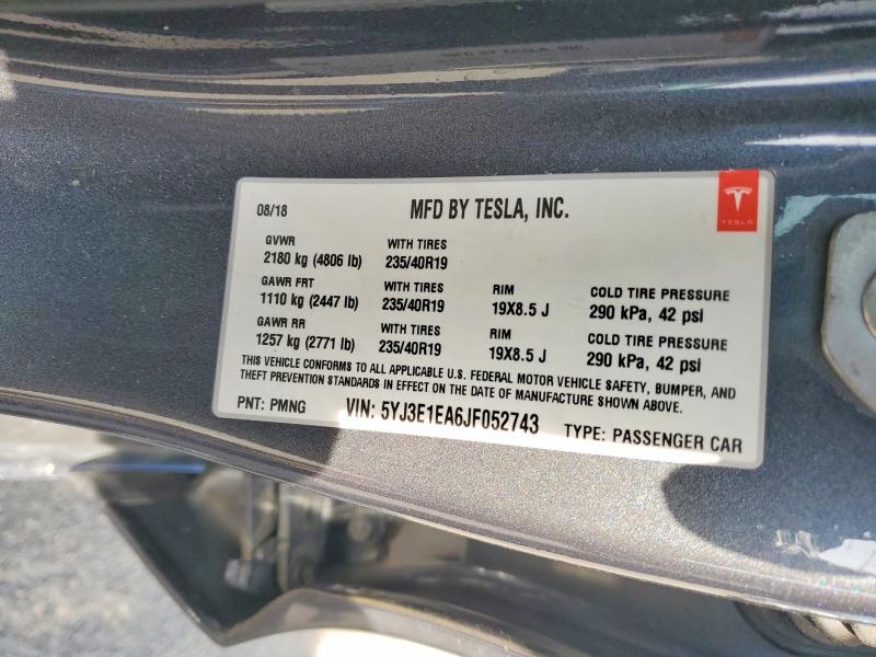 2018 Tesla Model 3 მანქანა იყიდება აუქციონზე, vin: 5YJ3E1EA6JF052743, აუქციონის ნომერი: 48197056
