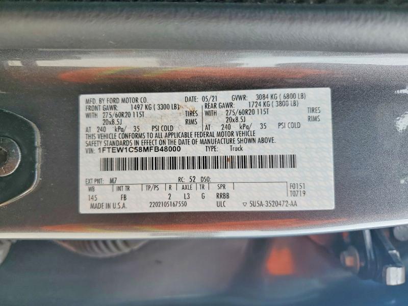 Продаж на аукціоні авто 2021 Ford F150, vin: 1FTEW1C58MFB48000, номер лоту: 50287236