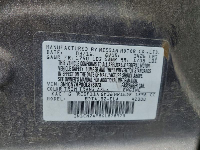 Продаж на аукціоні авто 2016 Nissan Versa, vin: 3N1CN7AP8GL878973, номер лоту: 51014006