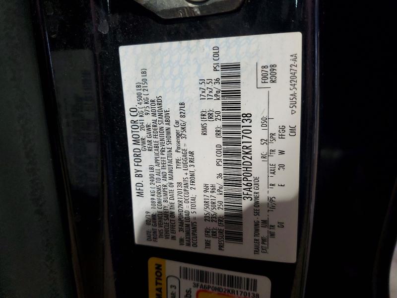 Продажа на аукционе авто 2019 Ford Fusion, vin: 3FA6P0HD2KR170138, номер лота: 50579166