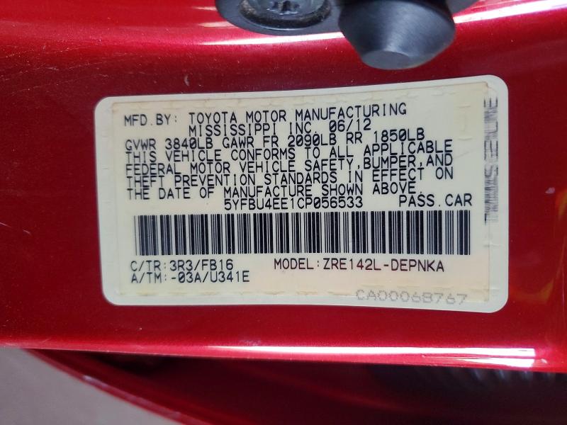 Aukcja sprzedaży 2012 Toyota Corolla, vin: 5YFBU4EE1CP056533, numer aukcji: 50530836