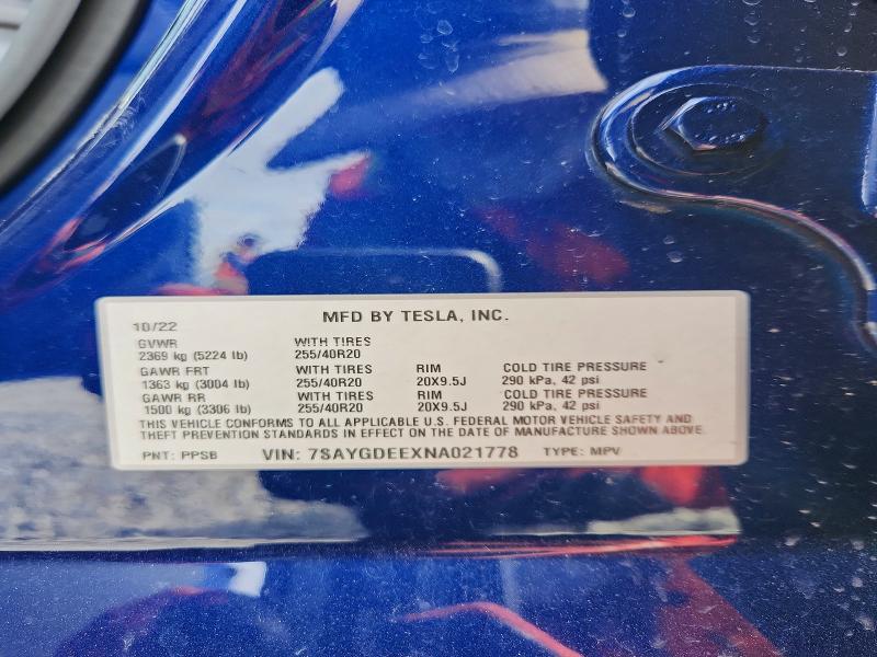 Продажа на аукционе авто 2022 Tesla Model Y, vin: 7SAYGDEEXNA021778, номер лота: 48315866