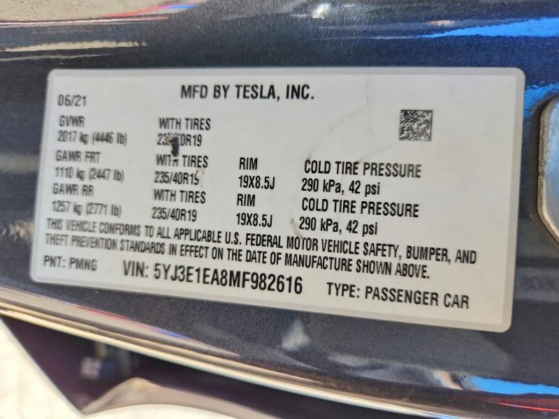 Продаж на аукціоні авто 2021 Tesla Model 3, vin: 5YJ3E1EA8MF982616, номер лоту: 48948656