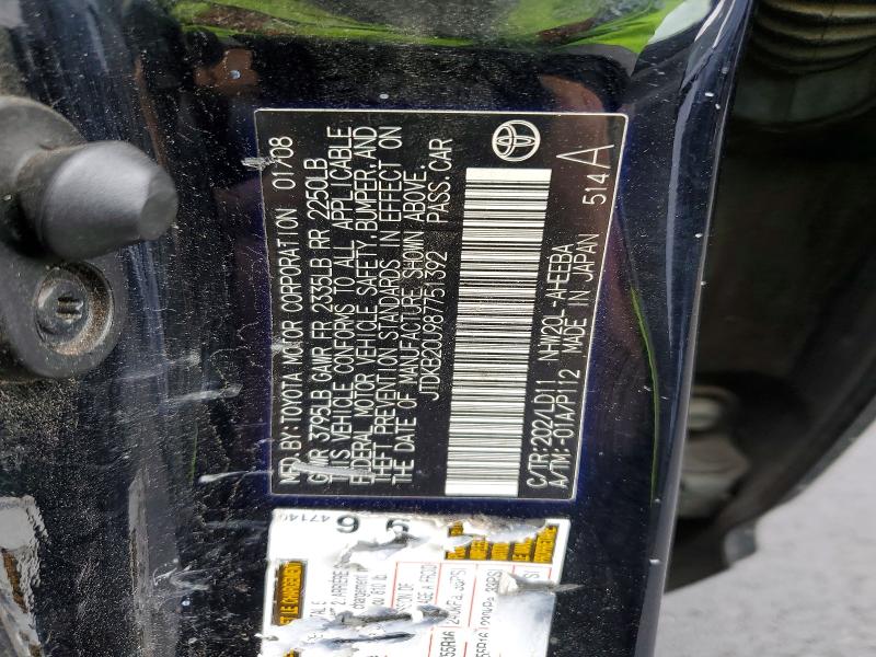 Aukcja sprzedaży 2008 Toyota Prius, vin: JTDKB20U987751392, numer aukcji: 48199496