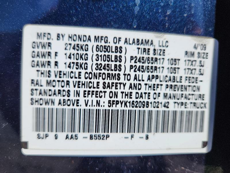 2009 Honda Ridgeline მანქანა იყიდება აუქციონზე, vin: 5FPYK16209B102142, აუქციონის ნომერი: 50144866