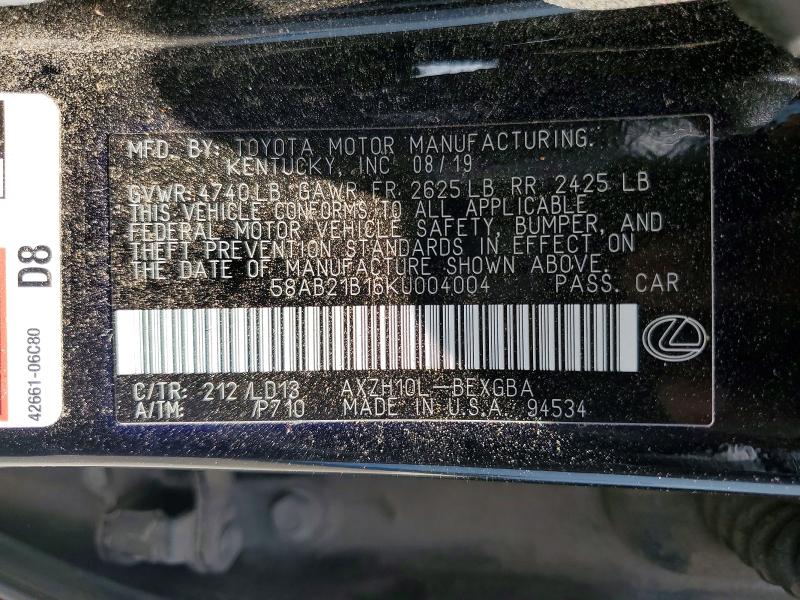 51607296 :رقم المزاد ، 58AB21B16KU004004 vin ، 2019 Lexus Es مزاد بيع