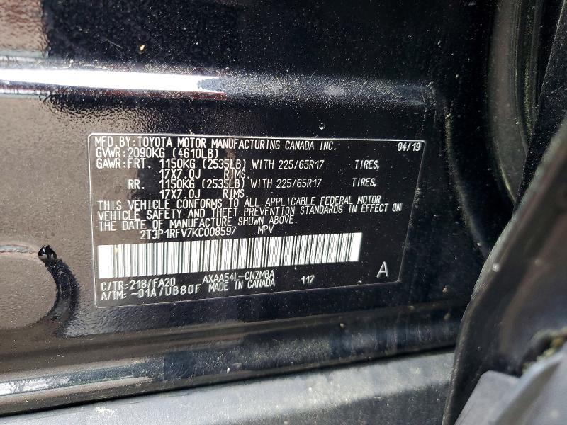 51651706 :رقم المزاد ، 2T3P1RFV7KC008597 vin ، 2019 Toyota Rav4 مزاد بيع