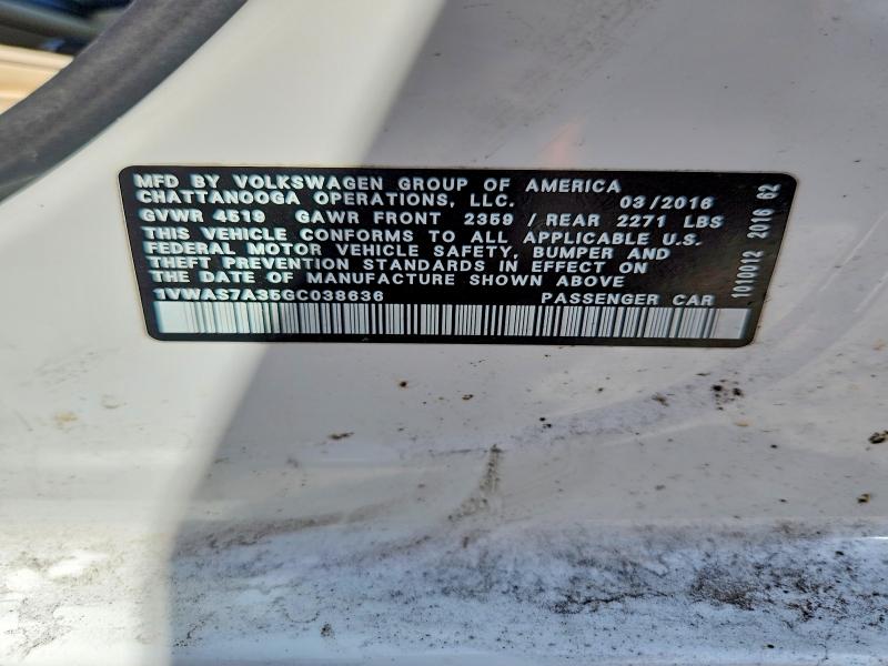 Aukcja sprzedaży 2016 Volkswagen Passat, vin: 1VWAS7A35GC038636, numer aukcji: 49964836