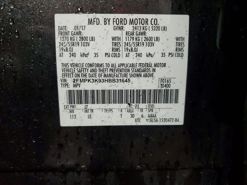 2017 Ford Edge მანქანა იყიდება აუქციონზე, vin: 2FMPK3K93HBB31645, აუქციონის ნომერი: 49295046