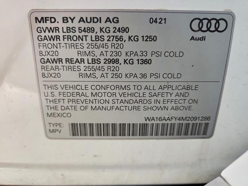 Aukcja sprzedaży 2021 Audi Q5, vin: WA16AAFY4M2091286, numer aukcji: 49975046