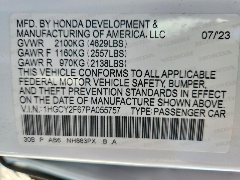 50853596 :رقم المزاد ، 1HGCY2F67PA055757 vin ، 2023 Honda Accord مزاد بيع