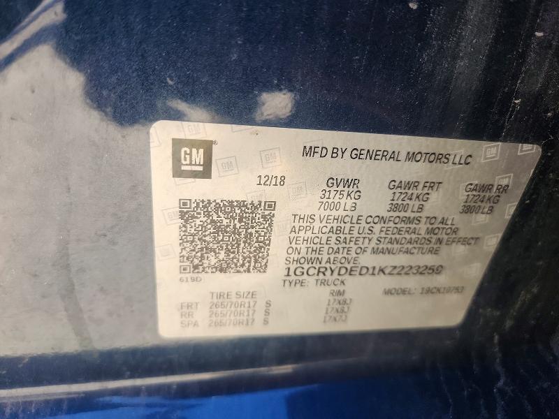 Продаж на аукціоні авто 2019 Chevrolet Silverado, vin: 1GCRYDED1KZ223259, номер лоту: 49618206
