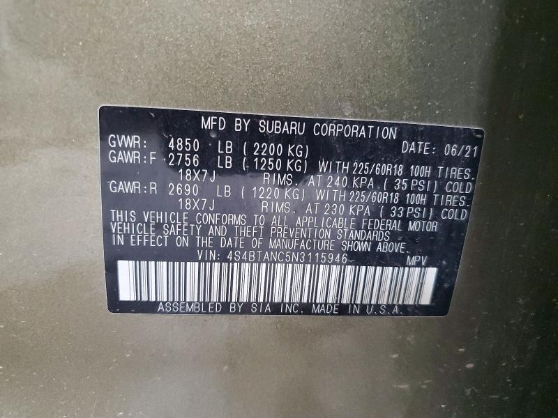 Aukcja sprzedaży 2022 Subaru Outback, vin: 4S4BTANC5N3115946, numer aukcji: 50727536