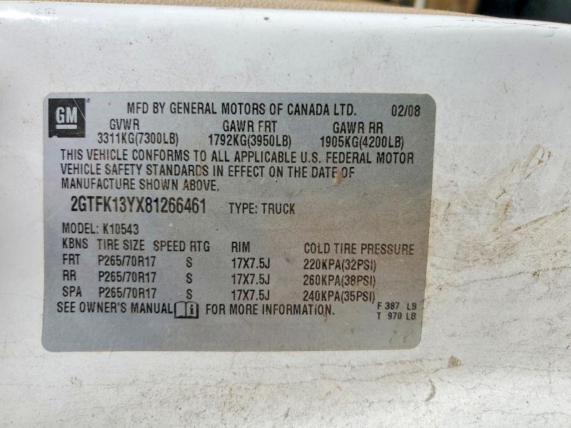 2008 Gmc Sierra მანქანა იყიდება აუქციონზე, vin: 2GTFK13YX81266461, აუქციონის ნომერი: 50097206