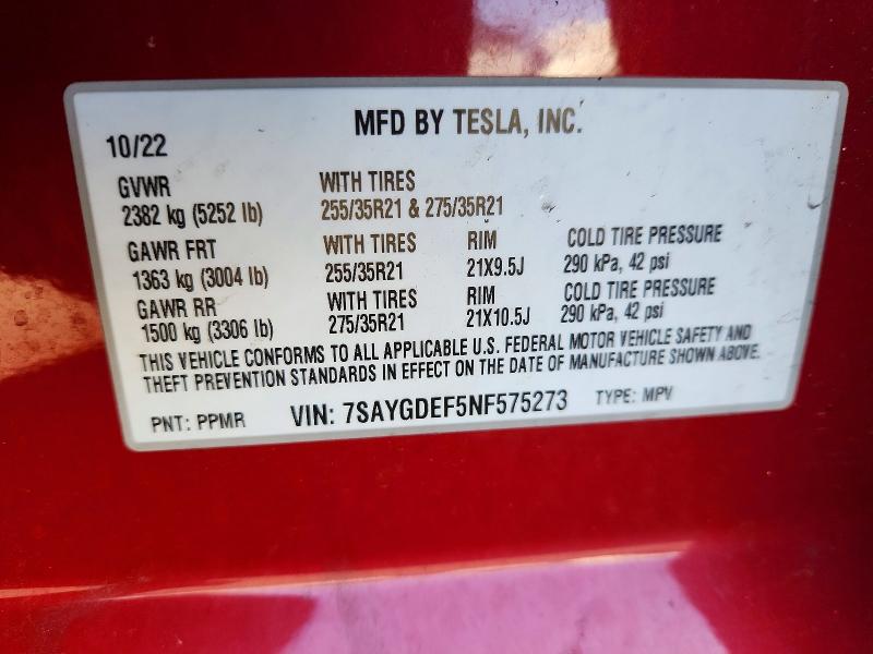 49227026 :رقم المزاد ، 7SAYGDEF5NF575273 vin ، 2022 Tesla Model Y مزاد بيع
