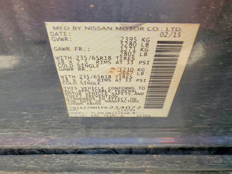 49890576 :رقم المزاد ، 5N1AZ2MH1FN214072 vin ، 2015 Nissan Murano مزاد بيع