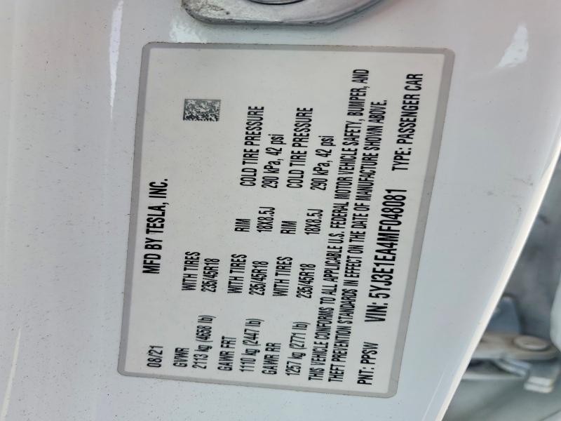 Aukcja sprzedaży 2021 Tesla Model 3, vin: 5YJ3E1EA4MF048081, numer aukcji: 47553616