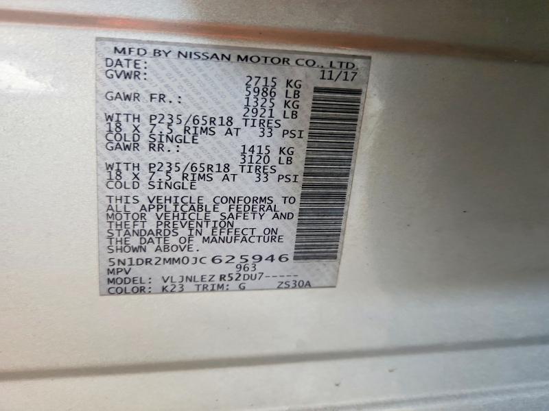 2018 Nissan Pathfinder მანქანა იყიდება აუქციონზე, vin: 5N1DR2MM0JC625946, აუქციონის ნომერი: 51565246
