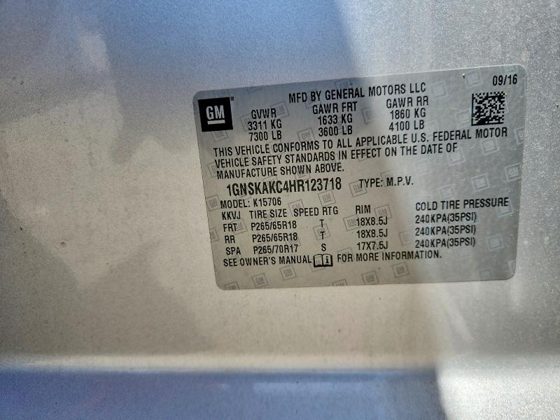 2017 Chevrolet Tahoe მანქანა იყიდება აუქციონზე, vin: 1GNSKAKC4HR123718, აუქციონის ნომერი: 51145376