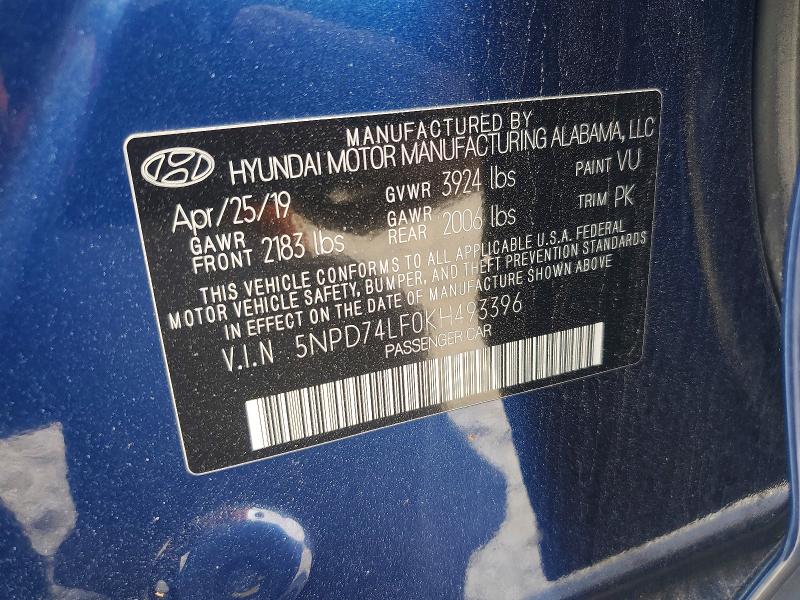 Aukcja sprzedaży 2019 Hyundai Elantra, vin: 5NPD74LF0KH493396, numer aukcji: 50422136
