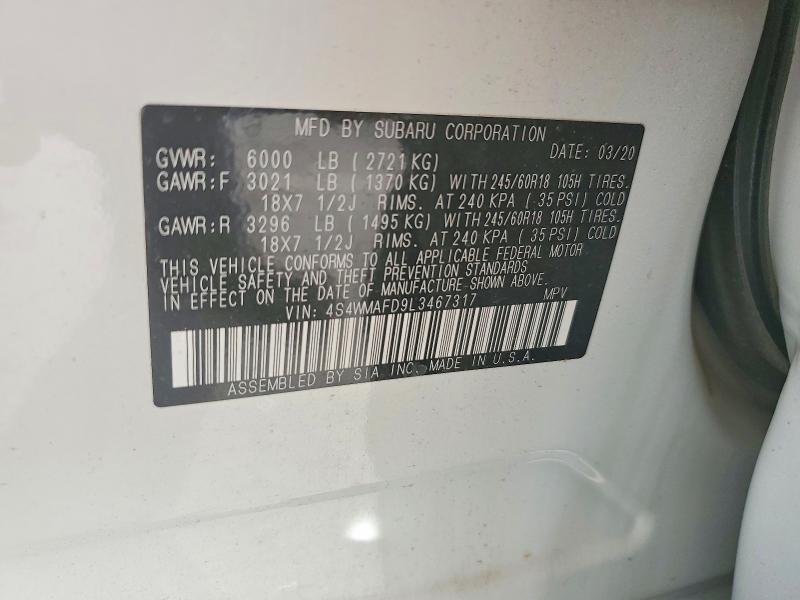 52086906 :رقم المزاد ، 4S4WMAFD9L3467317 vin ، 2020 Subaru Ascent مزاد بيع