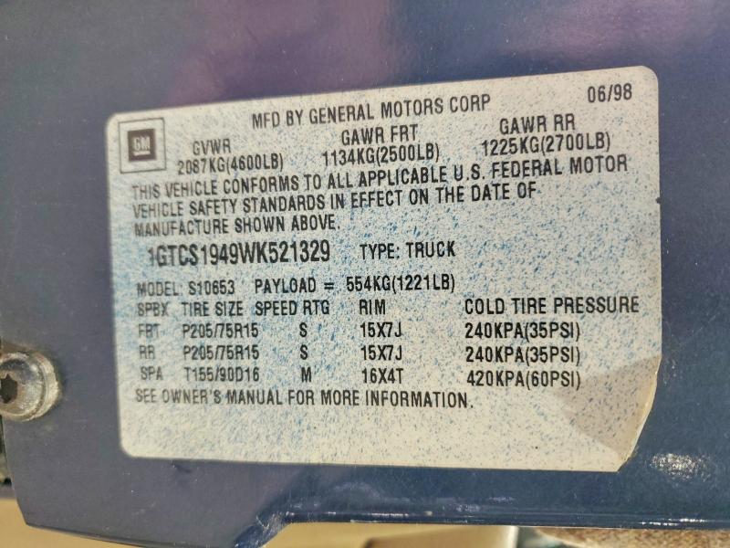 51614646 :رقم المزاد ، 1GTCS1949WK521329 vin ، 1998 Gmc Sonoma مزاد بيع