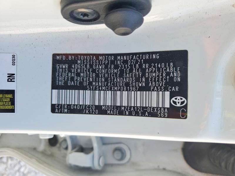 Aukcja sprzedaży 2021 Toyota Corolla, vin: 5YFS4MCEXMP081967, numer aukcji: 48139416