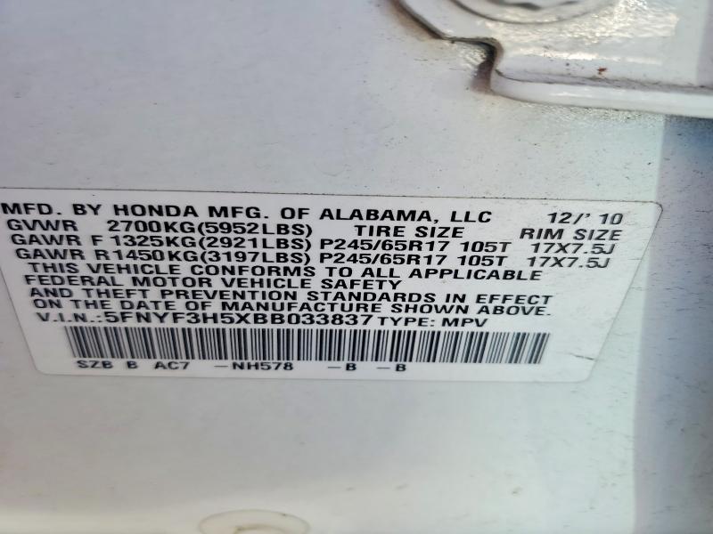 2011 Honda Pilot მანქანა იყიდება აუქციონზე, vin: 5FNYF3H5XBB033837, აუქციონის ნომერი: 48524246