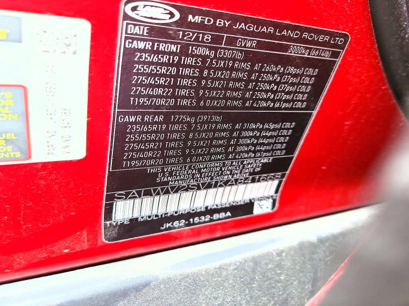 Aukcja sprzedaży 2019 Land Rover Range Rover Sport, vin: SALWV2SV1KA841668, numer aukcji: 51155896